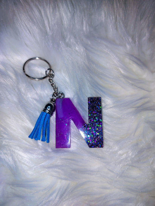 Purple Glitter Letter N Keychain